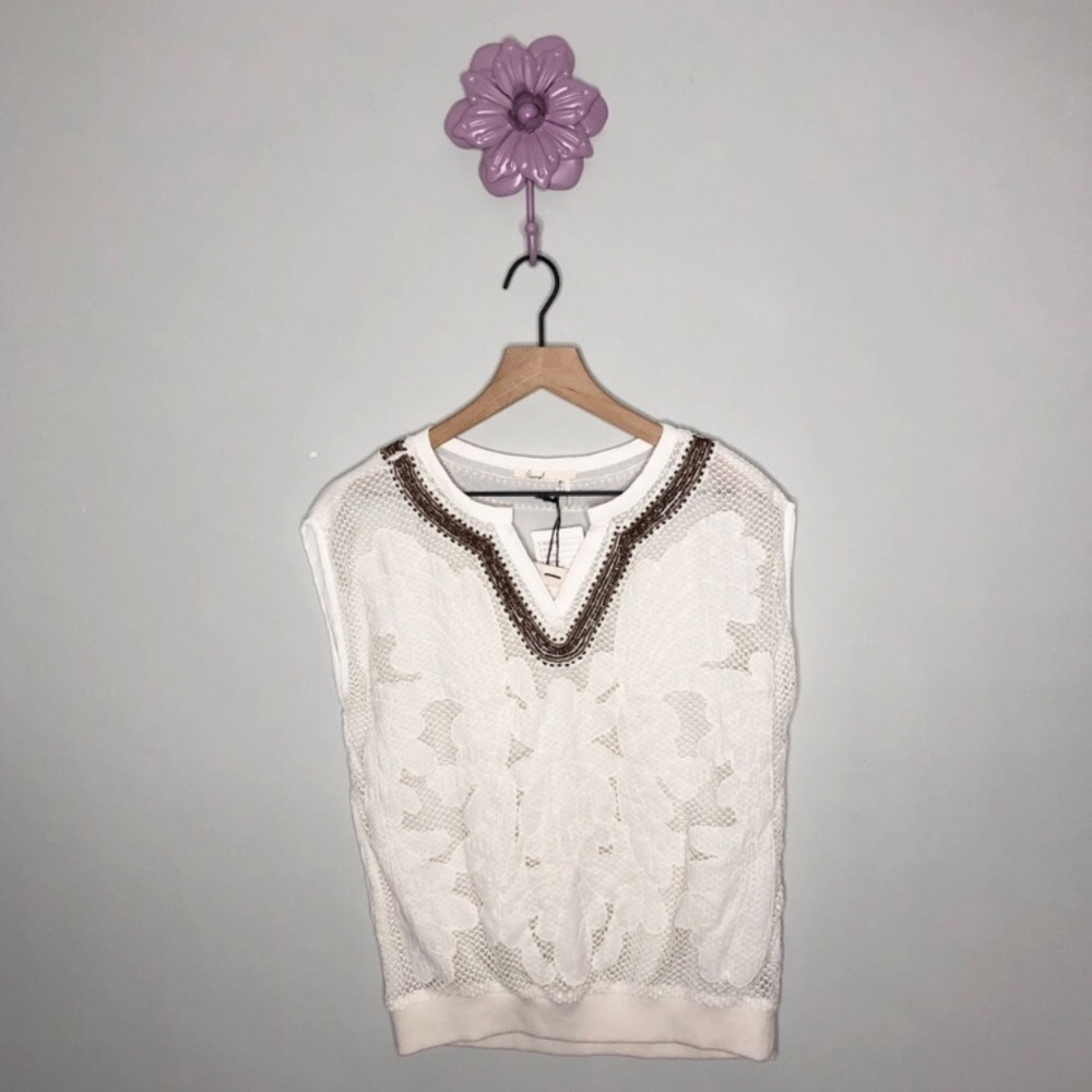 New Anthro | Floreat Cream Bead Lace V Neck Blouse